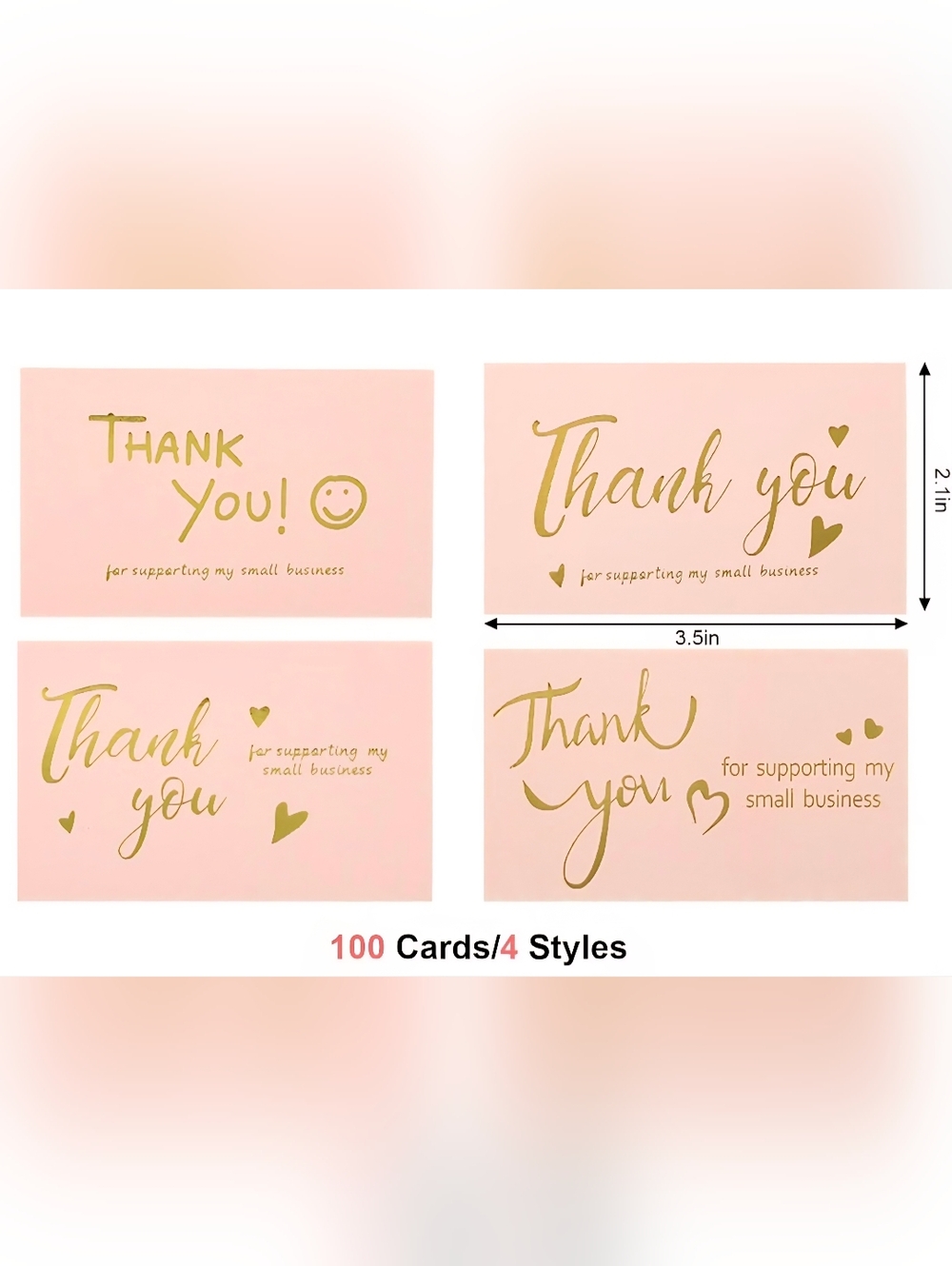 100 Pink Thank You Cards Gold Foil Small Business Insert Cards 3.5 x 2.14